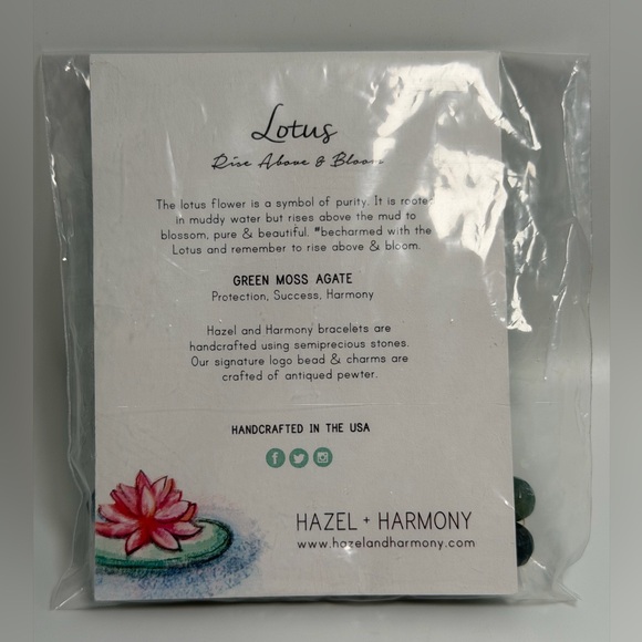 Moss Agate & Pewter Lotus Charm Stretch Bracelet NIP - Hazel and Harmony - Picture 13 of 13